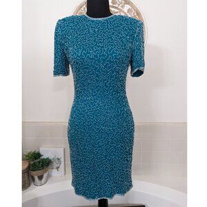 Vintage Laurence Kazar Turquoise Beaded Back Zip Silk Dress - Size PS